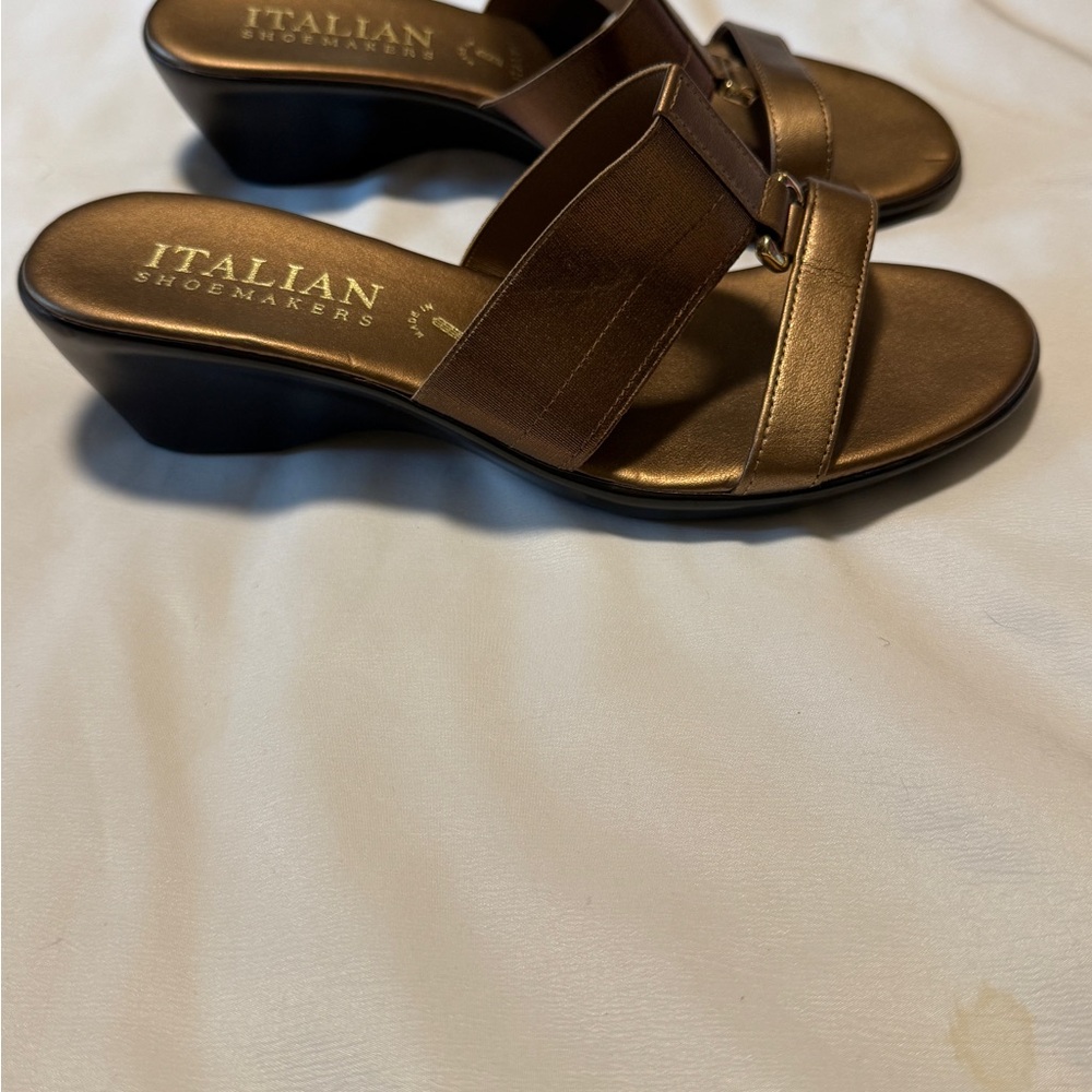 Italian Shoemakers Bronze Wedge Slide Sandals Size 8 Made in Italy - Picture 4 of 10